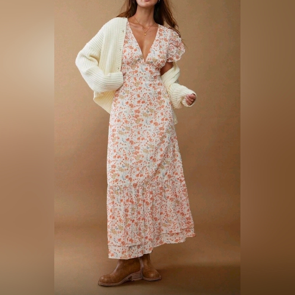 New Flowy Floral Layered Ruffle Chiffon Maxi Dress White Yellow Orange